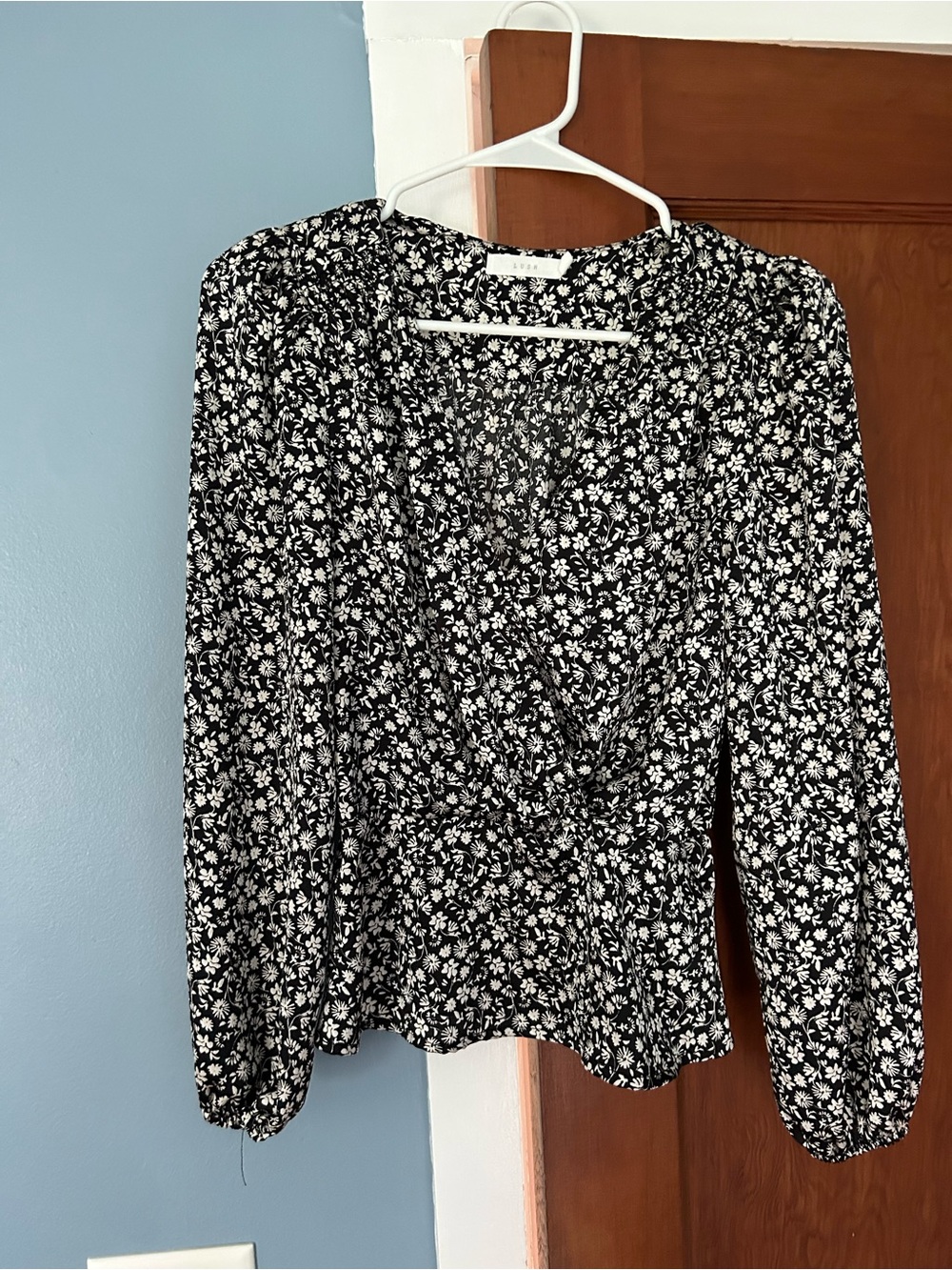 Lush Black & White Floral Wrap-Style Blouse